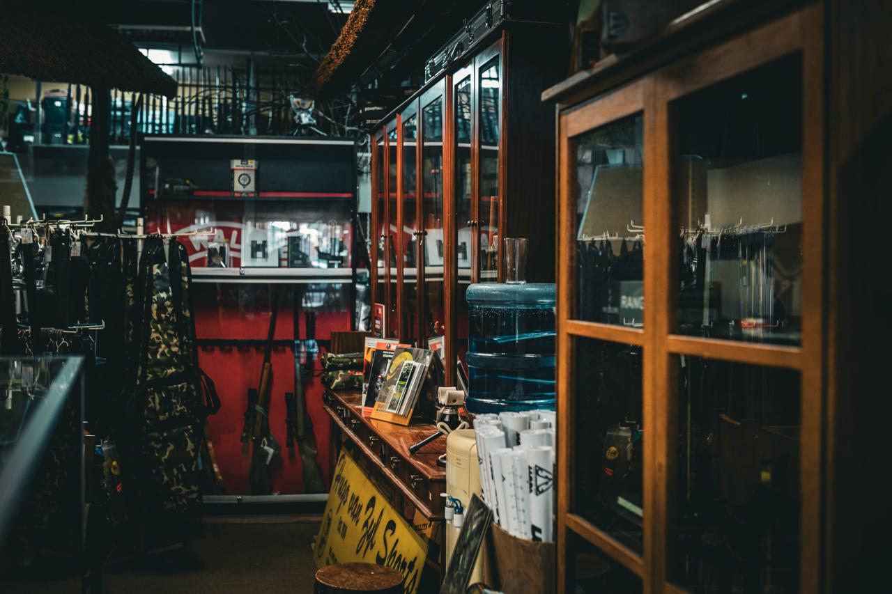 Rifles and shotguns on display inside Hugo van Zyl Sports in Paarl